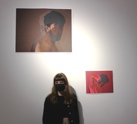 Me standing with 'When She Photographs Him, no. 1' & 'When She Photographs Him, no. 2' at Pallas Projects/Studios August 2021